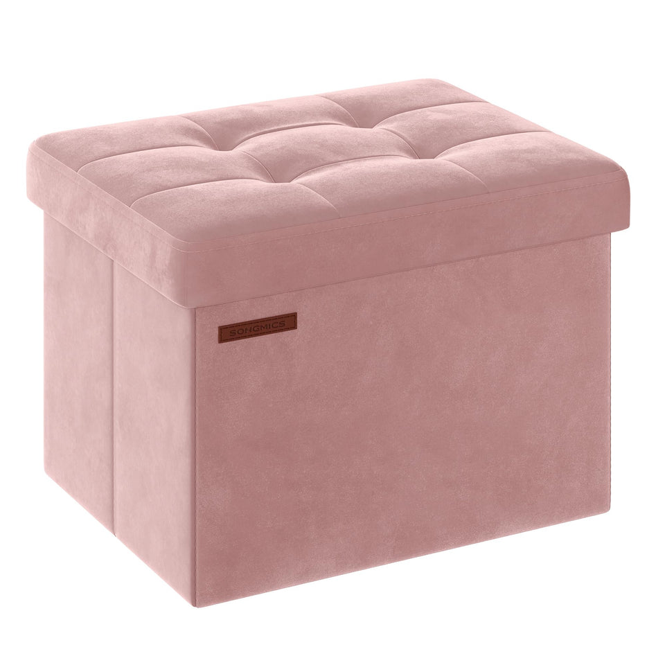 SONGMICS foldable storage ottoman folds flat for easy storage.