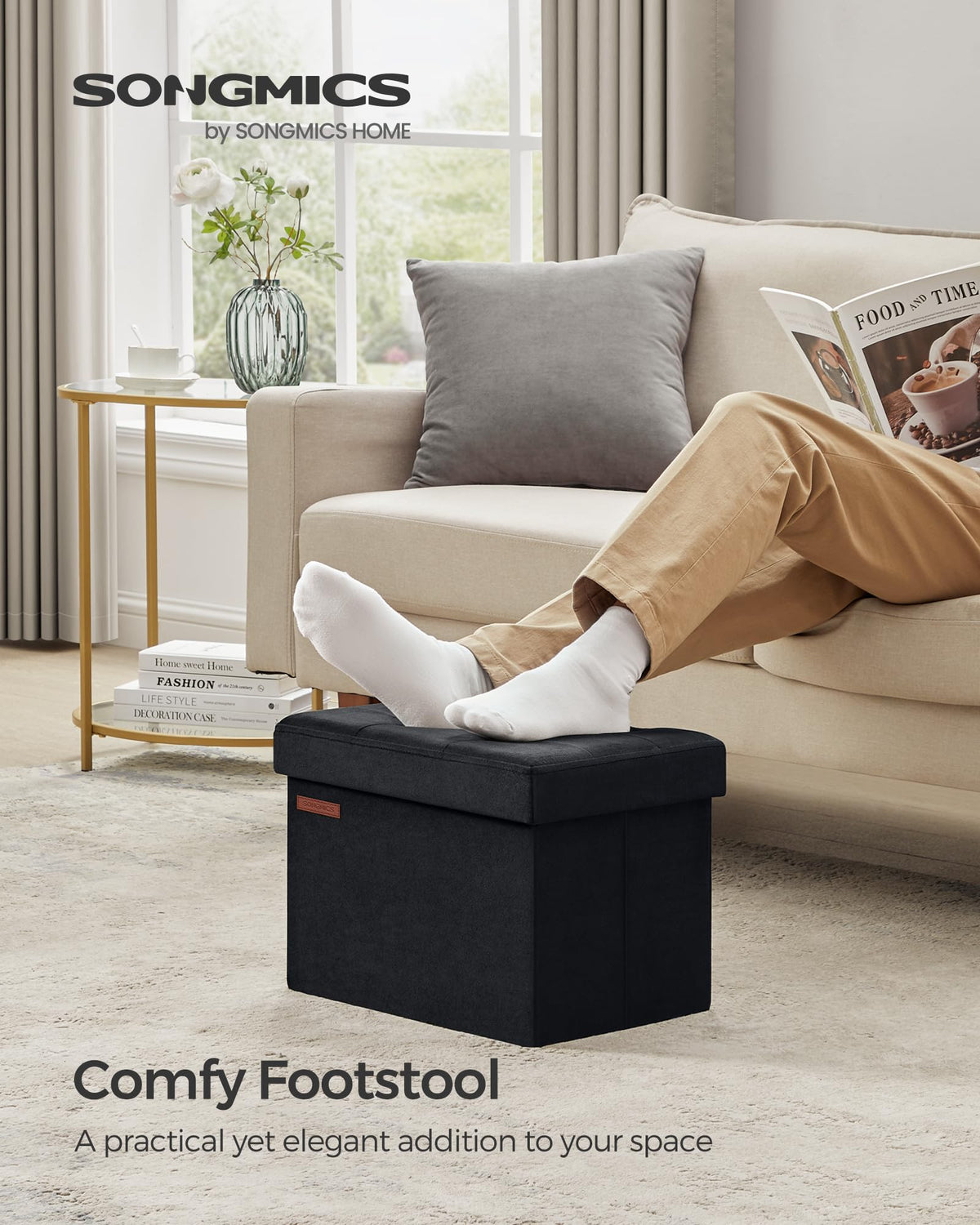 SONGMICS ottoman lid open showing 32L hidden storage