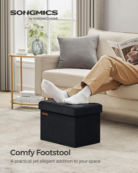 SONGMICS ottoman lid open showing 32L hidden storage