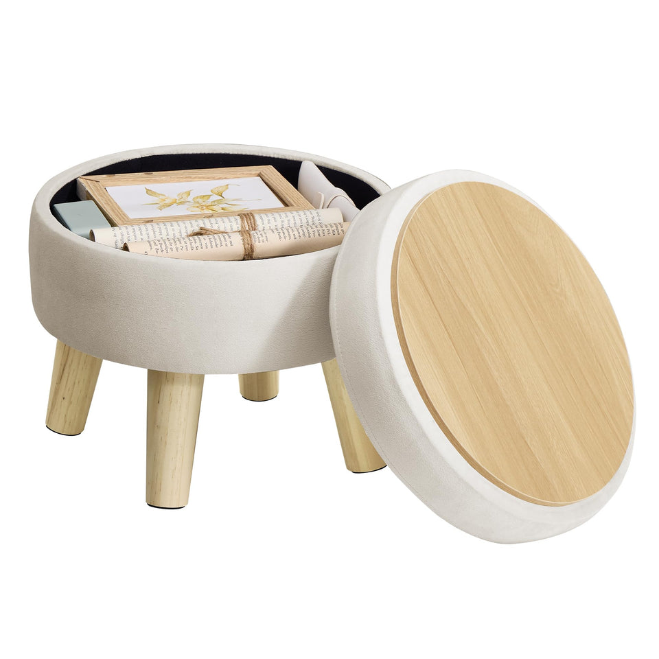SONGMICS round cream velvet ottoman with lid provides hidden storage.