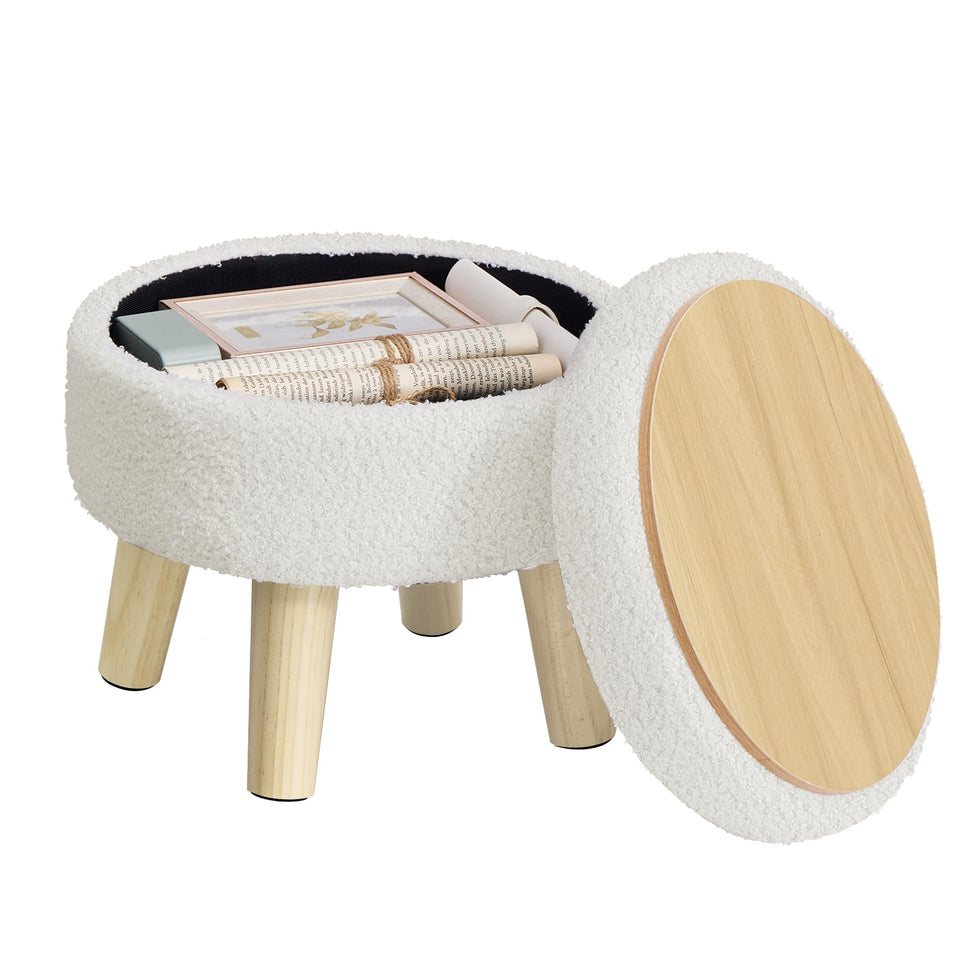SONGMICS round storage ottoman with teddy fleece offers cozy seating.