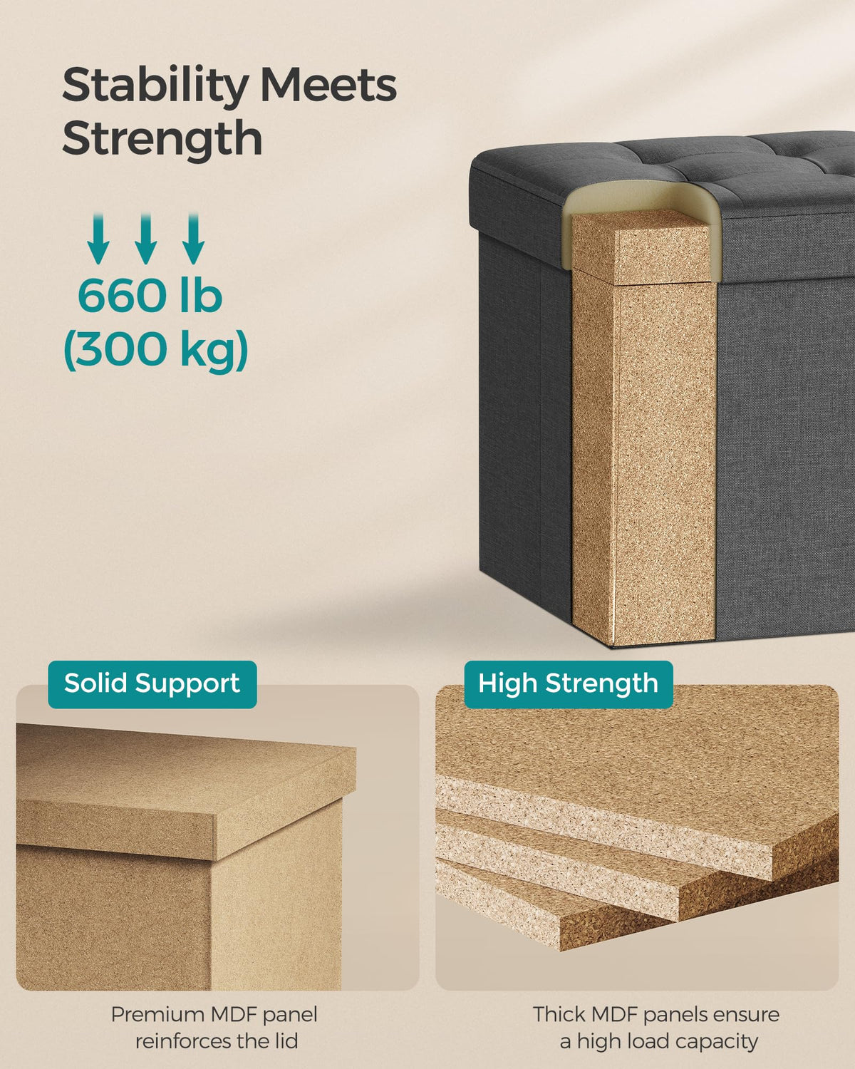 SONGMICS storage ottoman tufted square seat supports occasional seating