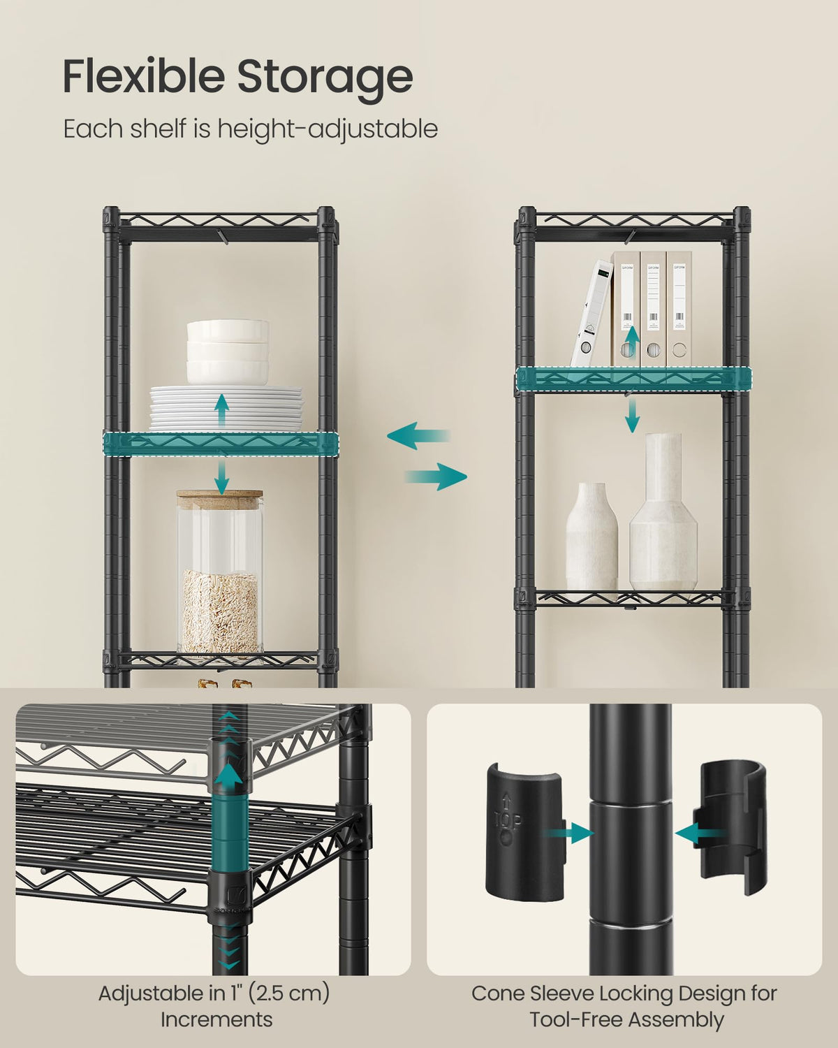 Adjustable shelves on SongMics rack demonstrating 1-inch height flexibility.