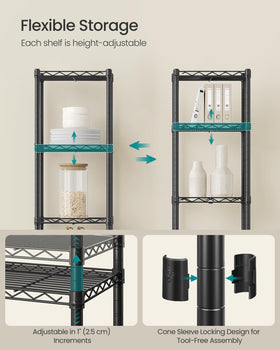 Adjustable shelves on SongMics rack demonstrating 1-inch height flexibility.