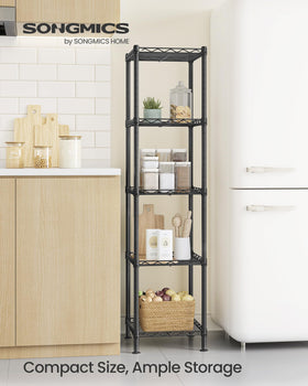 Close-up of SongMics metal wire rack showing powder-coated steel construction.