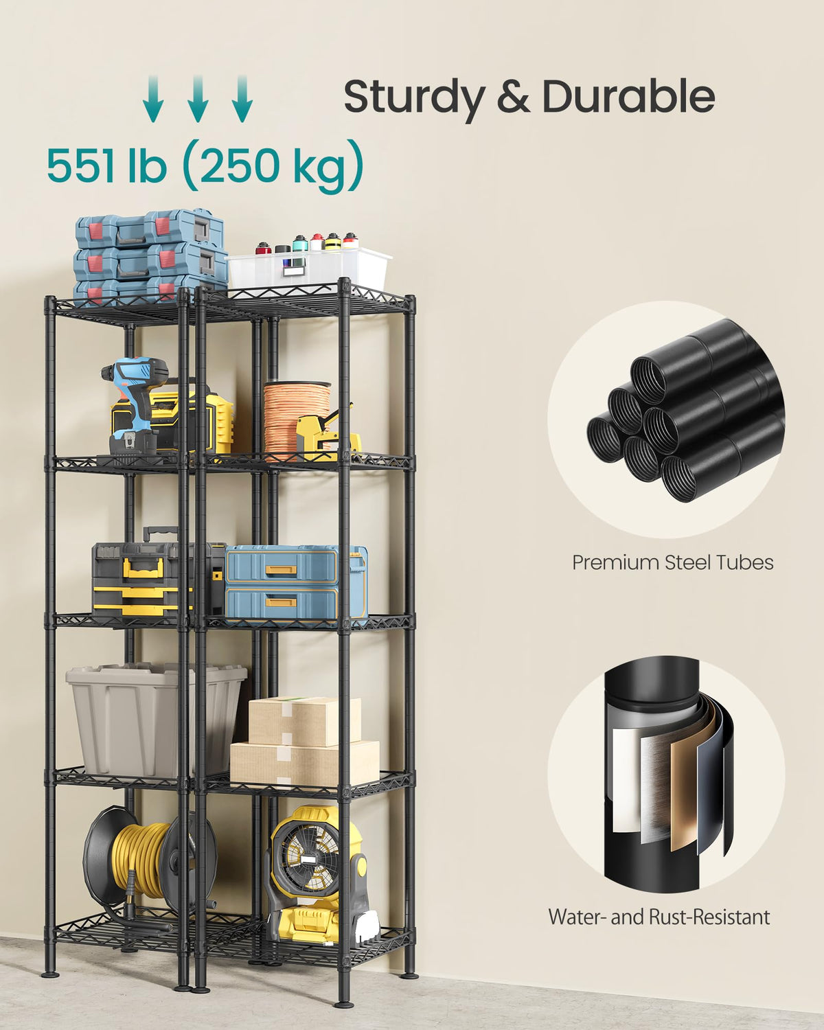 SongMics 5-tier shelf with wall-anchoring anti-tip kit for safety.