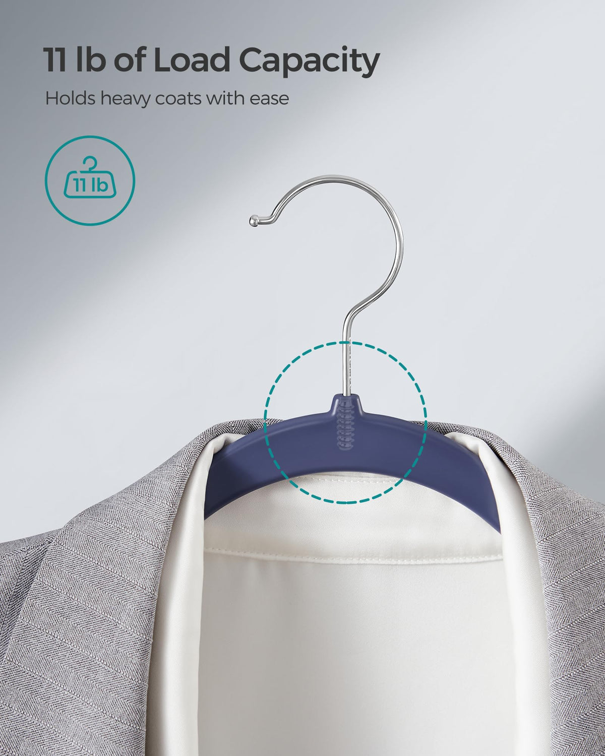 Songmics strong ABS hangers with metal hooks hold coats securely.