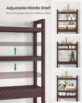SONGMICS bathroom organizer with toilet paper holder and four hooks for towels and accessories.