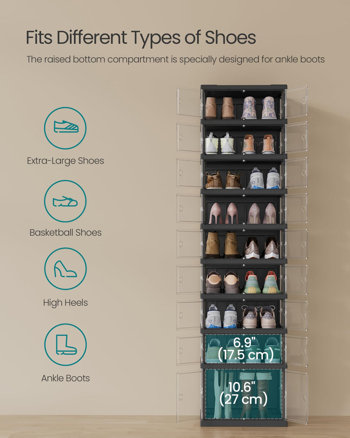 SONGMICS transparent front panel speeds shoe selection.