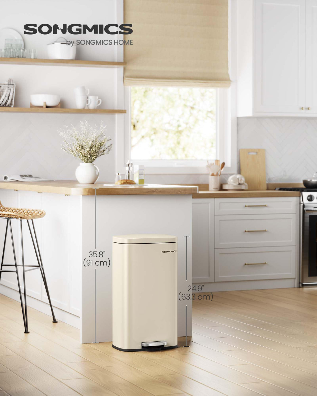 Songmics 8-gallon trash bin highlights space-saving design for compact kitchens.