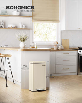 Songmics 8-gallon trash bin highlights space-saving design for compact kitchens.