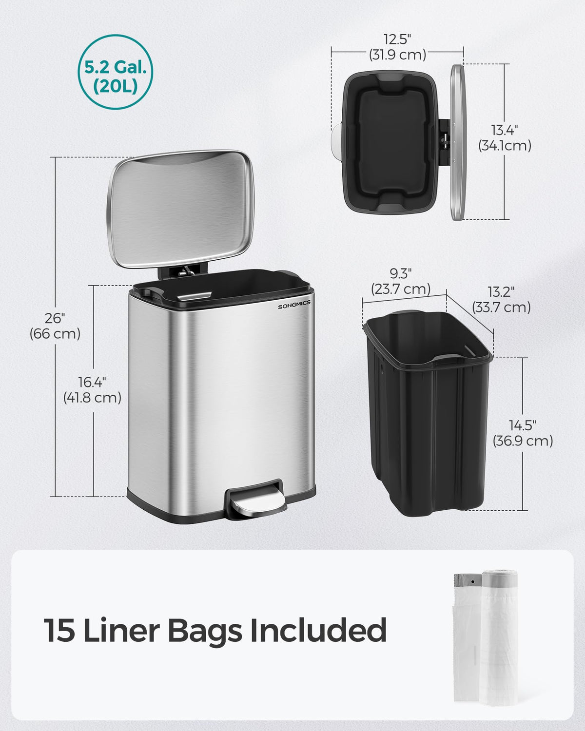 Songmics lid stays open at 90 degrees for easy disposal.