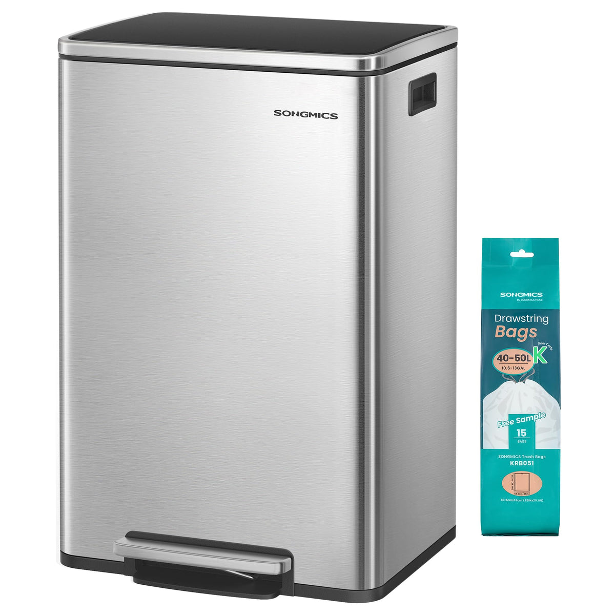 SongMics 13-gallon trash can front view with sleek stainless finish for a clean kitchen.