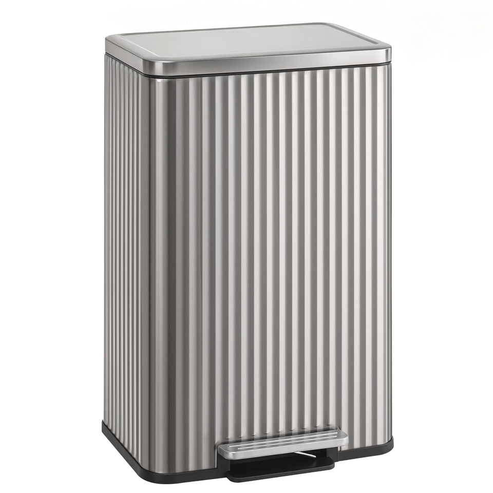 SONGMICS 13-gallon metallic-silver trash can with lid and pedal for hands-free disposal.