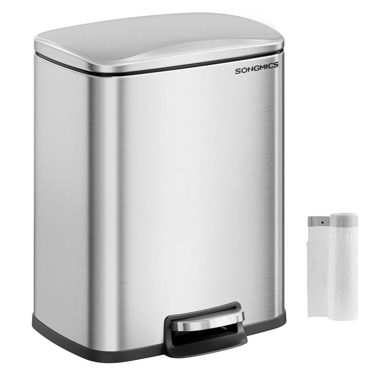 Songmics 5.2-gallon stainless steel trash can, front view, ideal for compact kitchens.