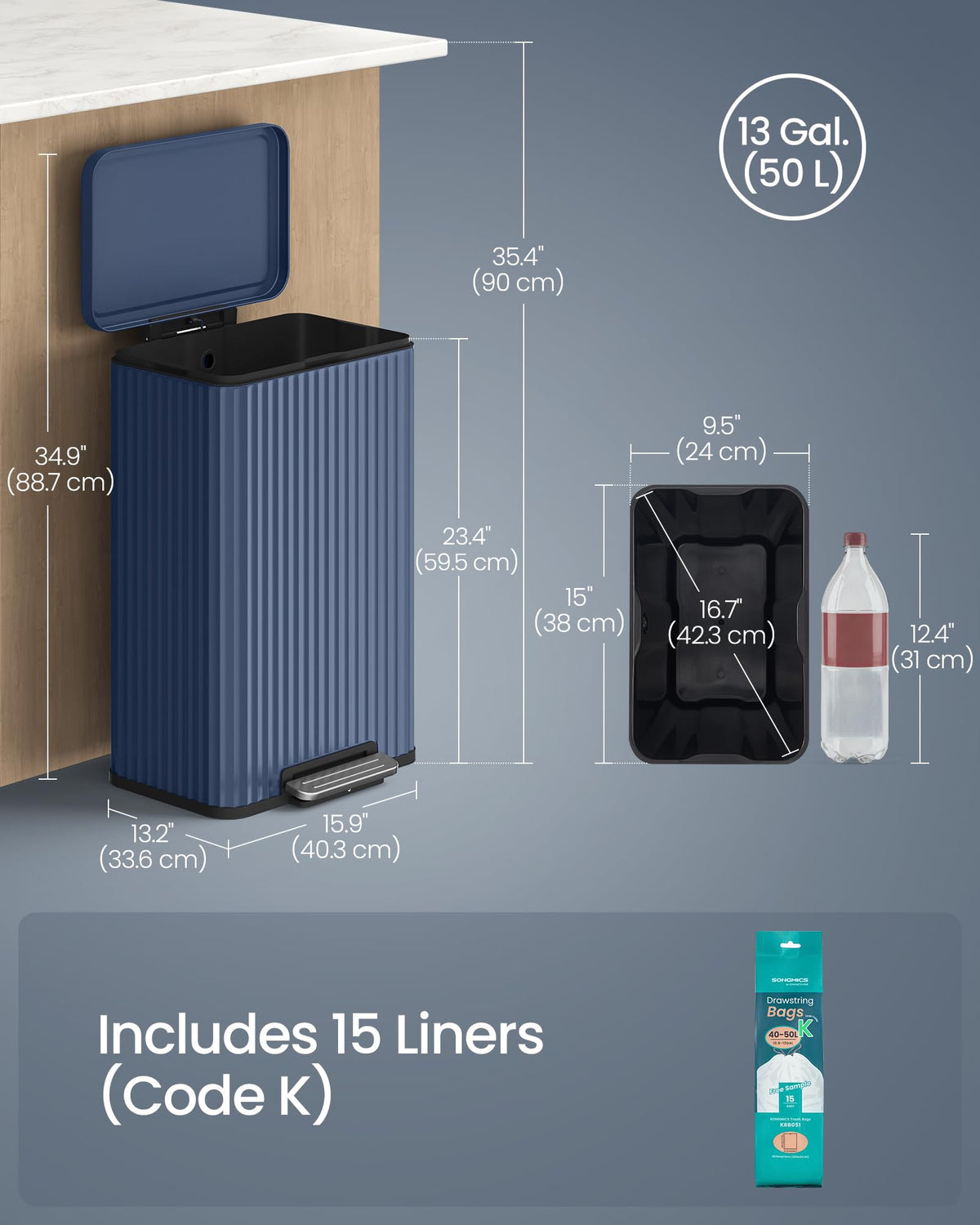 SONGMICS 50-liter capacity for daily meal prep and cleanup.