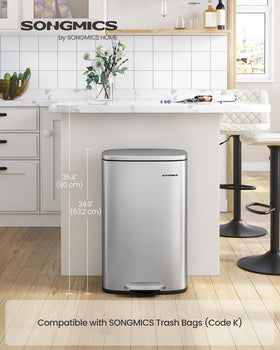 SONGMICS trash can soft-close lid for quiet kitchen use.