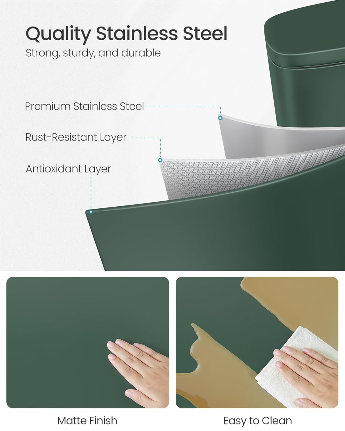 Songmics trash can with soft-close lid prevents loud slams and odors.