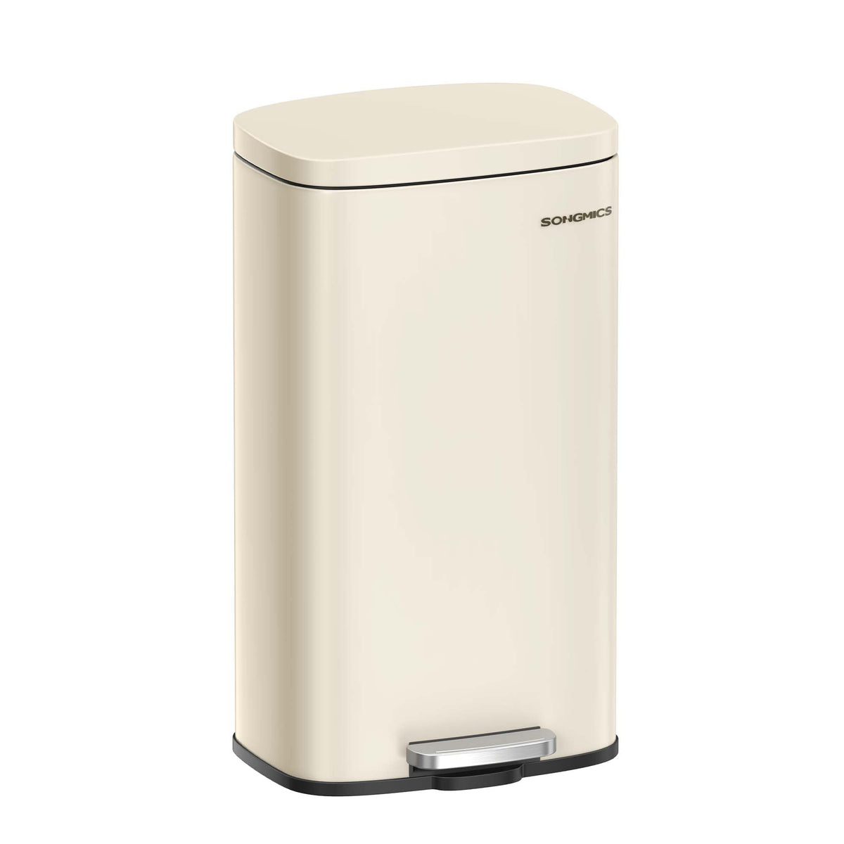 Songmics trash can with pedal lid offers hands-free waste disposal and quiet operation.