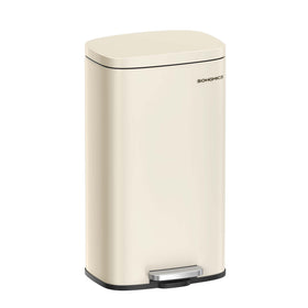Songmics trash can with pedal lid offers hands-free waste disposal and quiet operation.