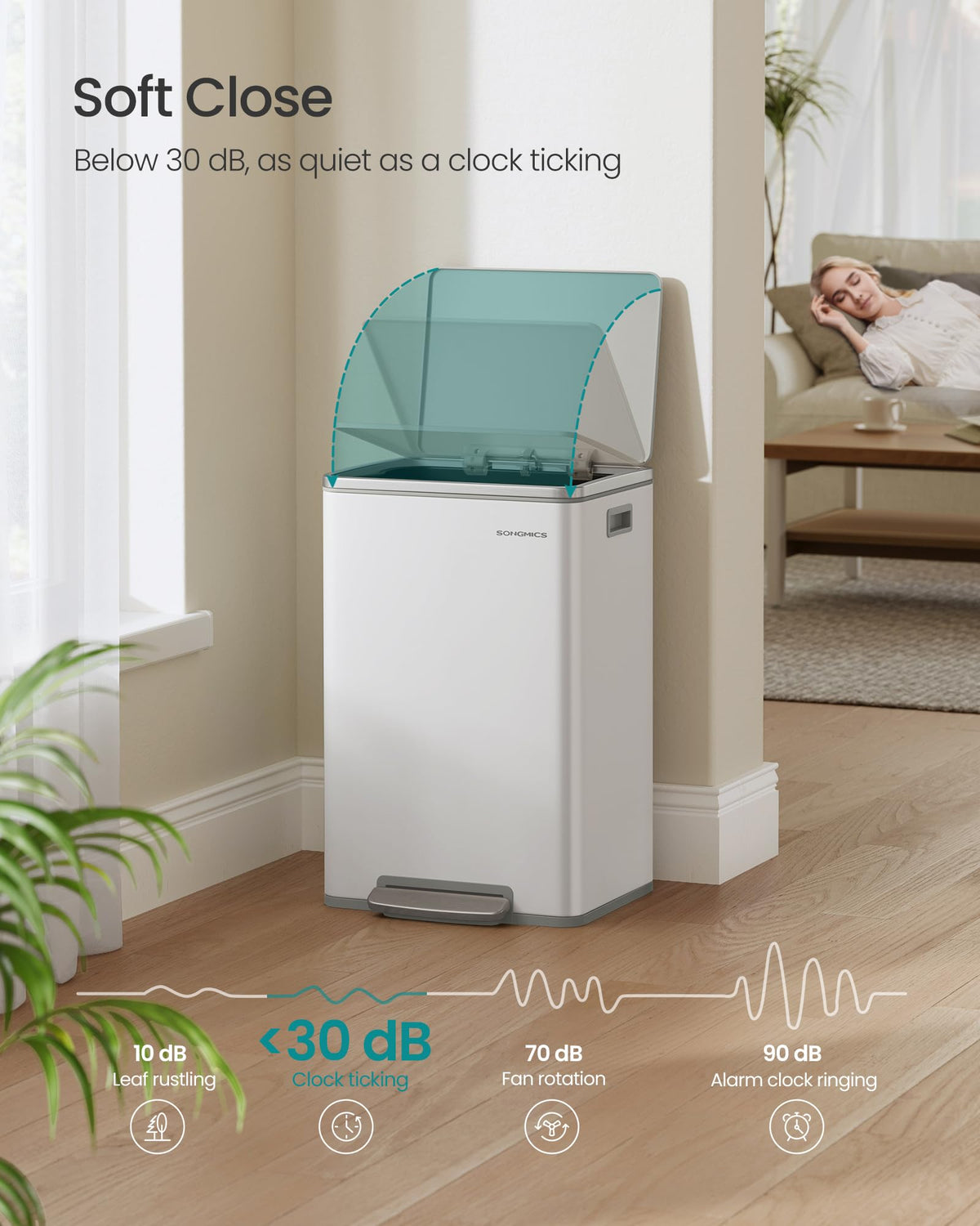 Songmics removable inner bucket with side handles for easy emptying.