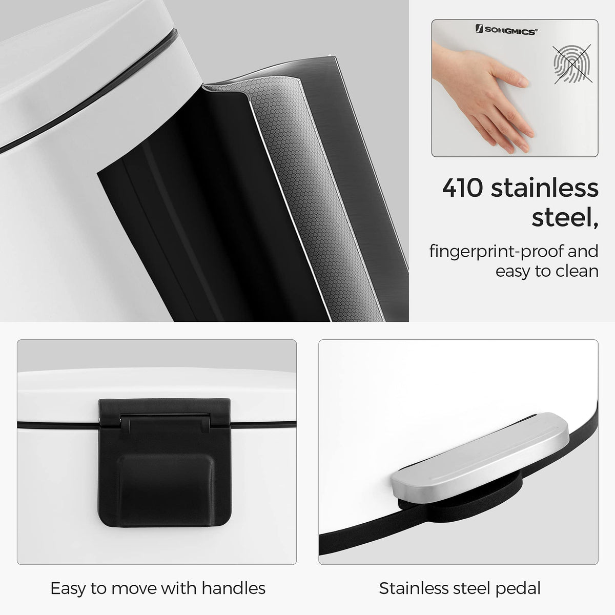 Songmics slim kitchen bin shape fits tight spaces gracefully.