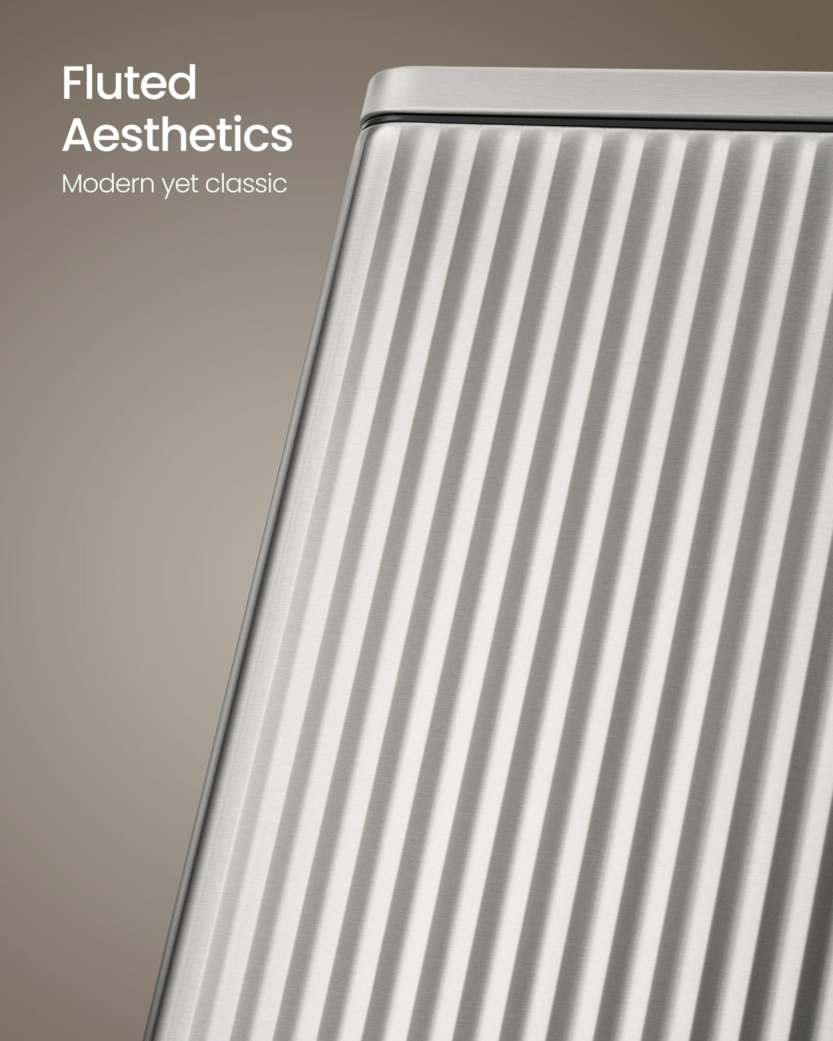 SONGMICS soft-close lid shown on a sleek kitchen trash can for quiet use.