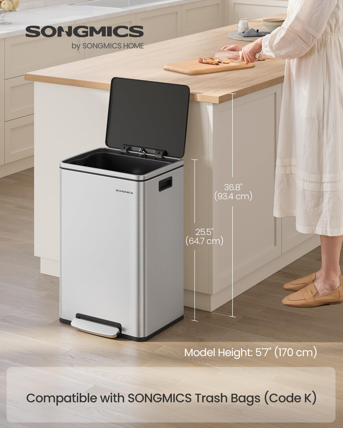 SongMics trash can soft-close lid in action for quiet, hassle-free waste disposal.