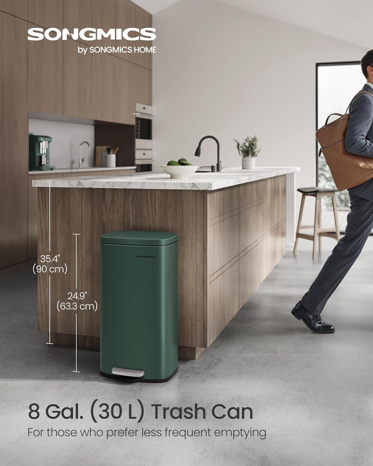 Songmics 8-gallon trash can side view showing slim profile for tight spaces.