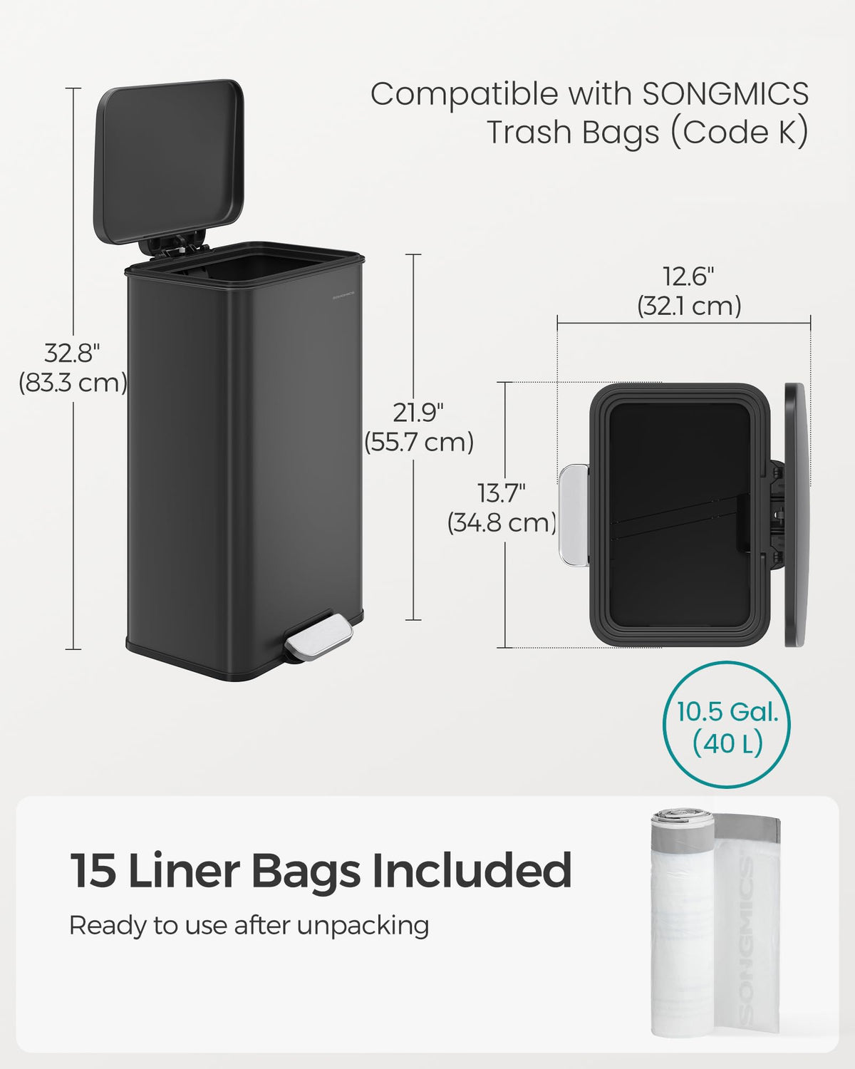 SONGMICS ULTB540B40 model trash can for modern kitchens