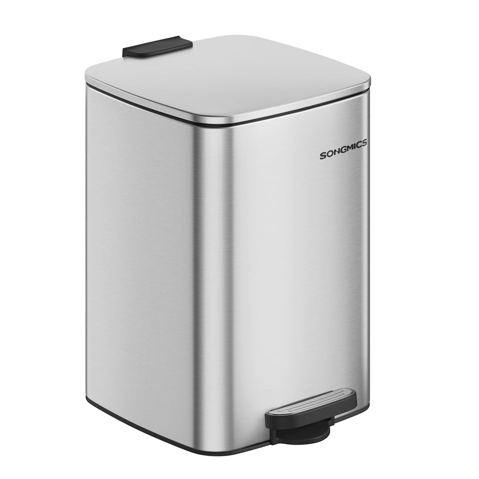 SONGMICS ULTB592E01 front view of a compact stainless steel trash can for tight kitchens.