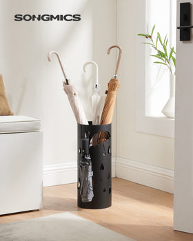 SONGMICS umbrella stand with four hooks for easy access and quick drying.