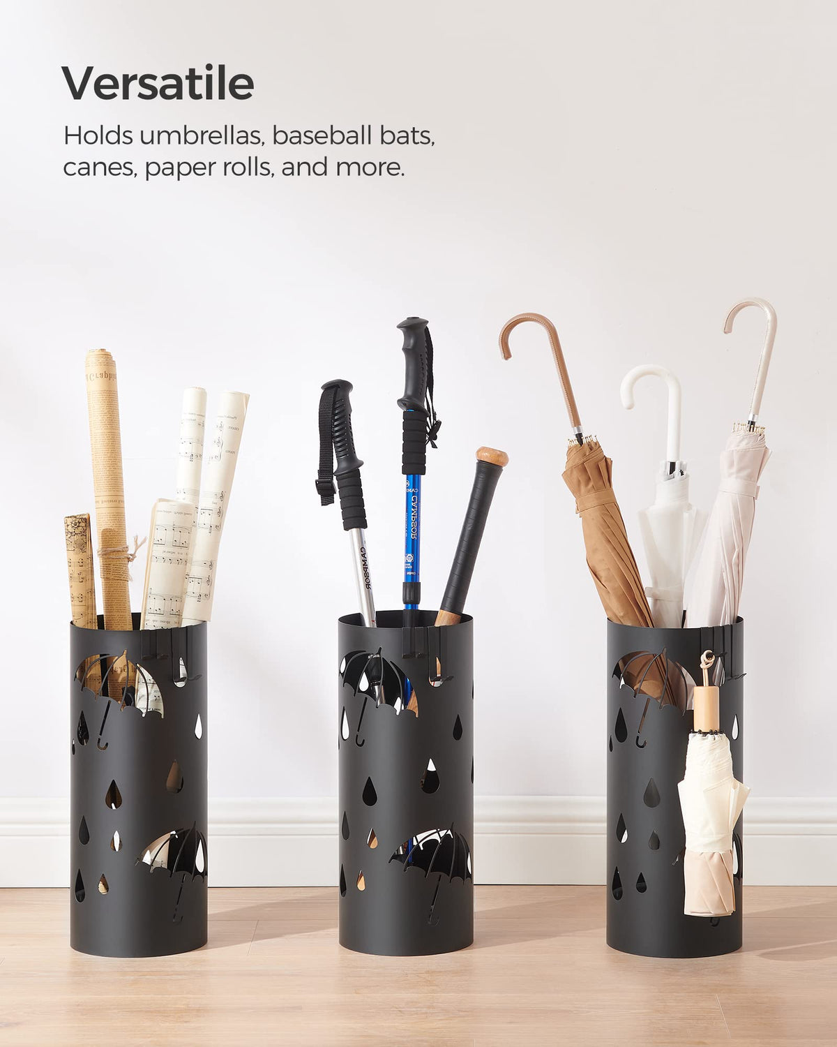 SONGMICS umbrella stand hollow-pattern design adds style and promotes faster drying.