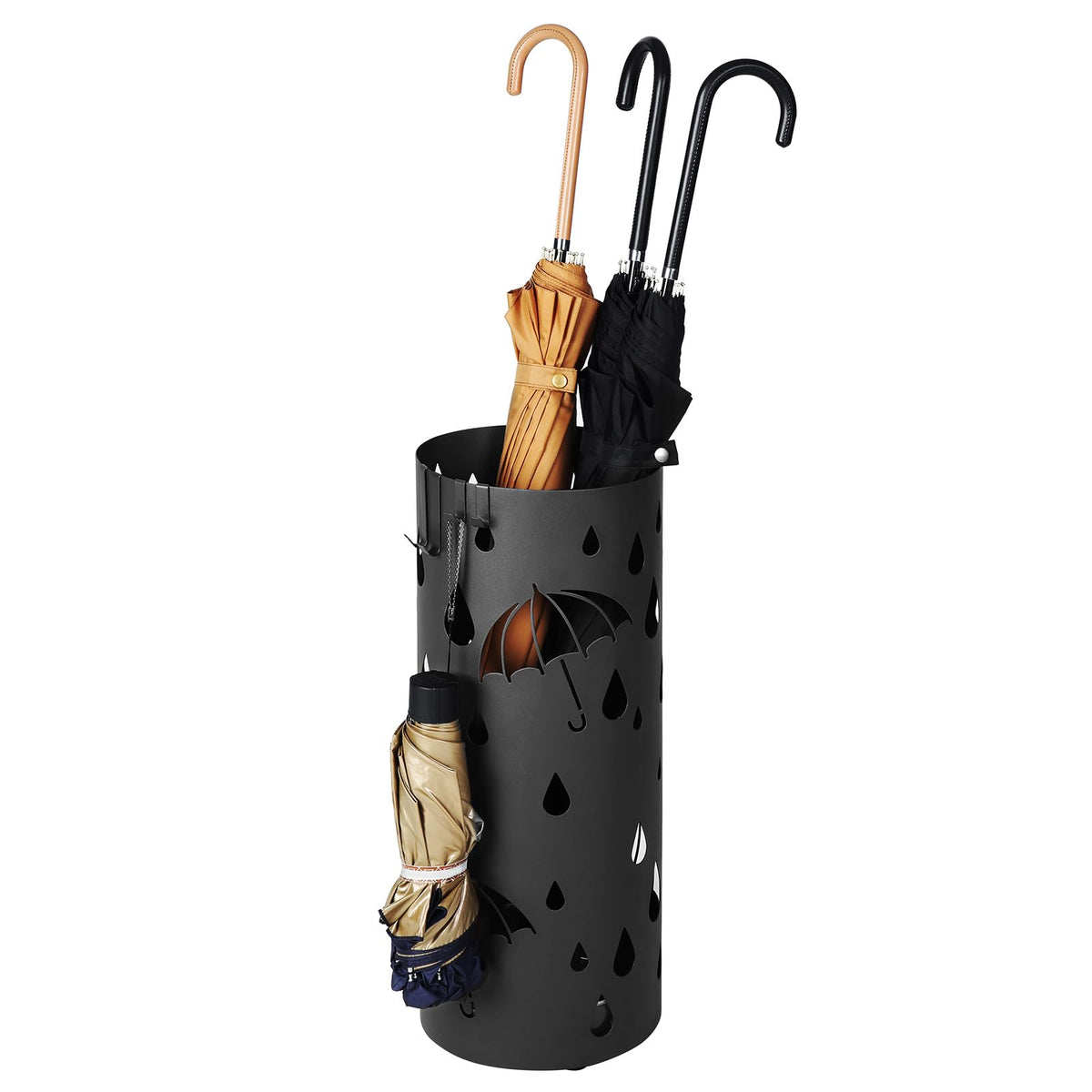 SONGMICS umbrella stand with water tray keeps floors dry and organized.