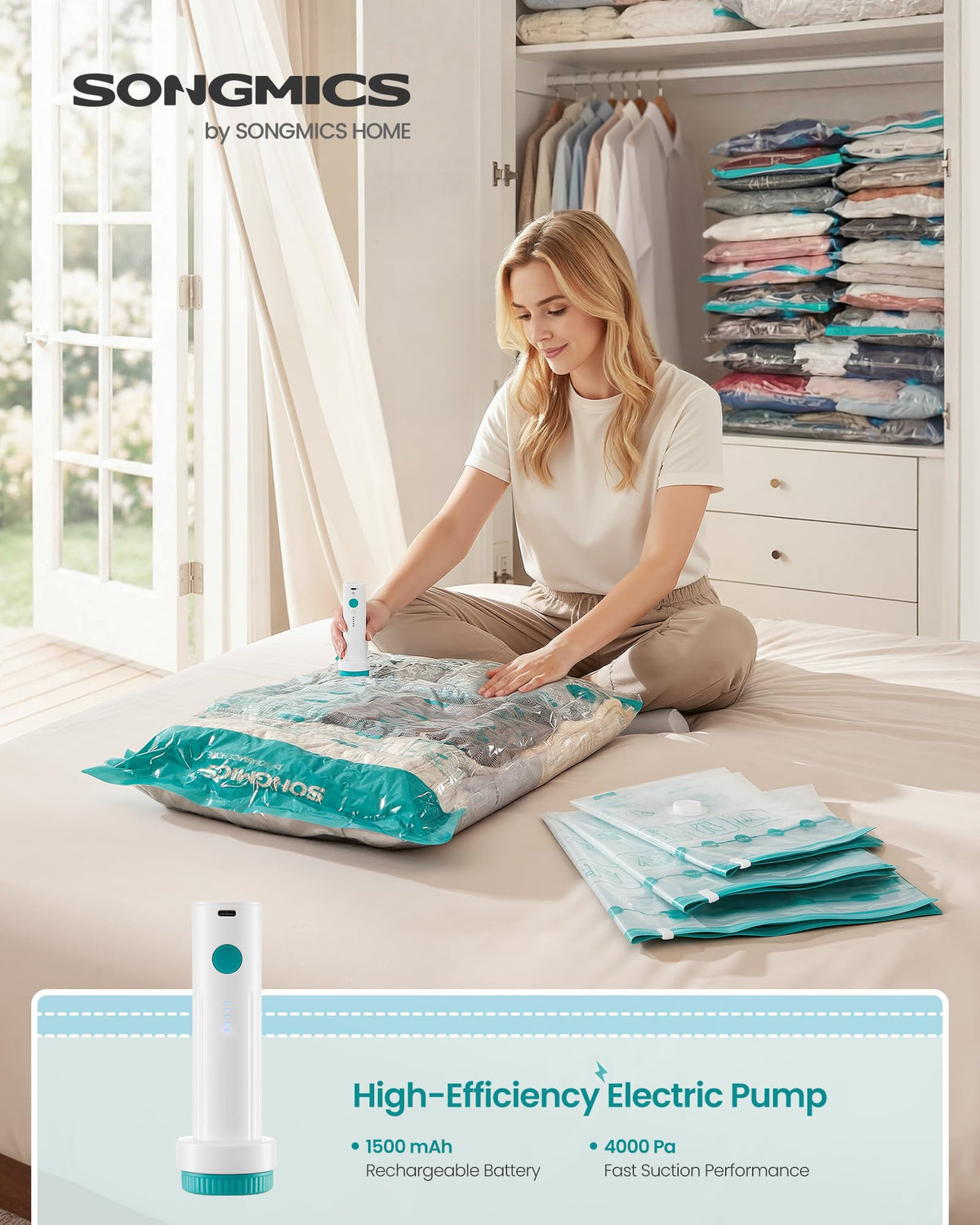 Songmics vacuum storage bags set with S/M/L sizes protecting clothes and bedding from moisture