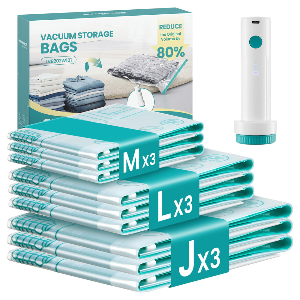 SONGMICS vacuum storage bags with pump ready for quick packing.