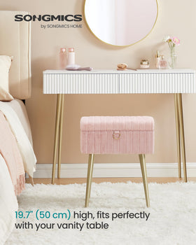 SONGMICS vanity stool hidden storage lid reveals organized space for cosmetics.