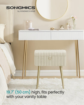 SONGMICS vanity stool lid opens to reveal hidden storage for cosmetics and accessories.