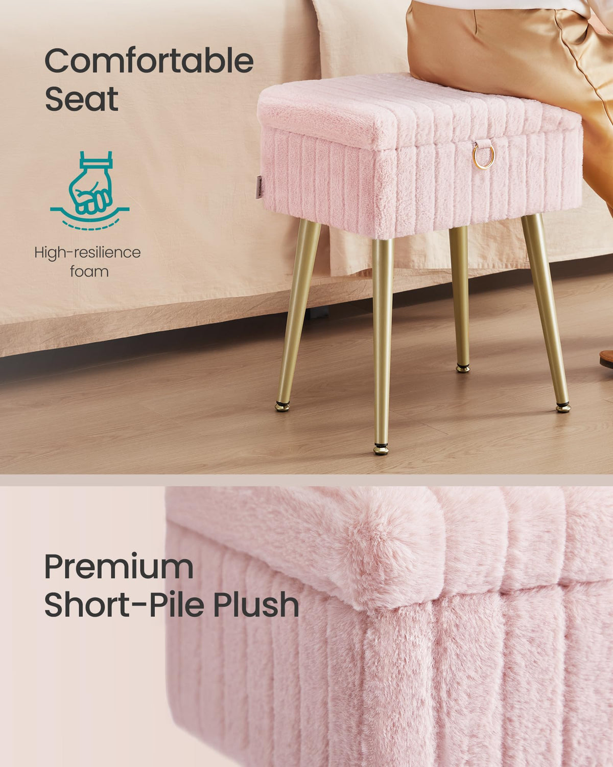 SONGMICS vanity stool removable dividers create three customizable sections for cosmetics.