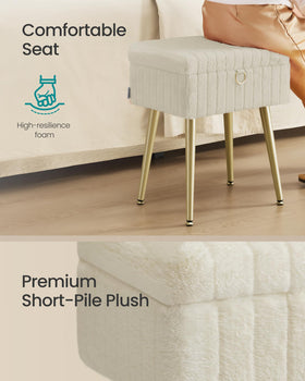 SONGMICS vanity stool with removable dividers for organized cosmetics storage.