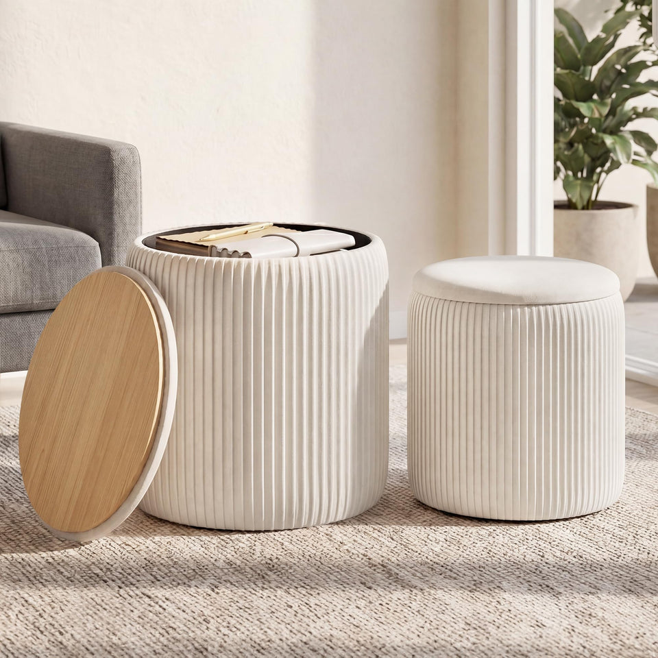 Songmics vanity stool set with two round storage ottomans for organized living spaces