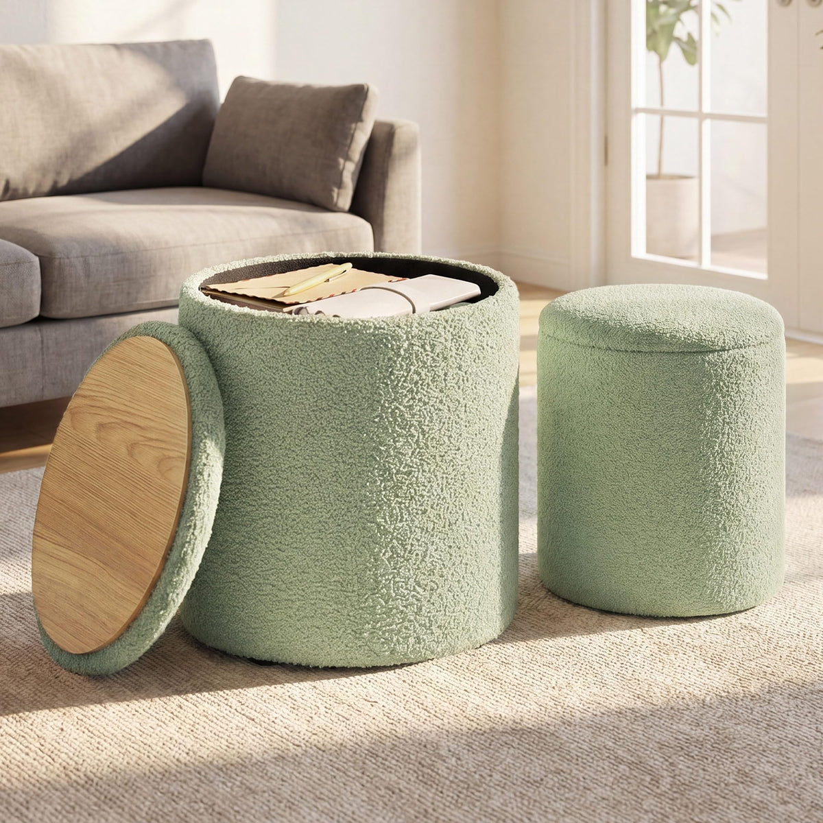 SONGMICS vanity-stool set of 2 in laurel green with round storage ottomans for a warm, organized space