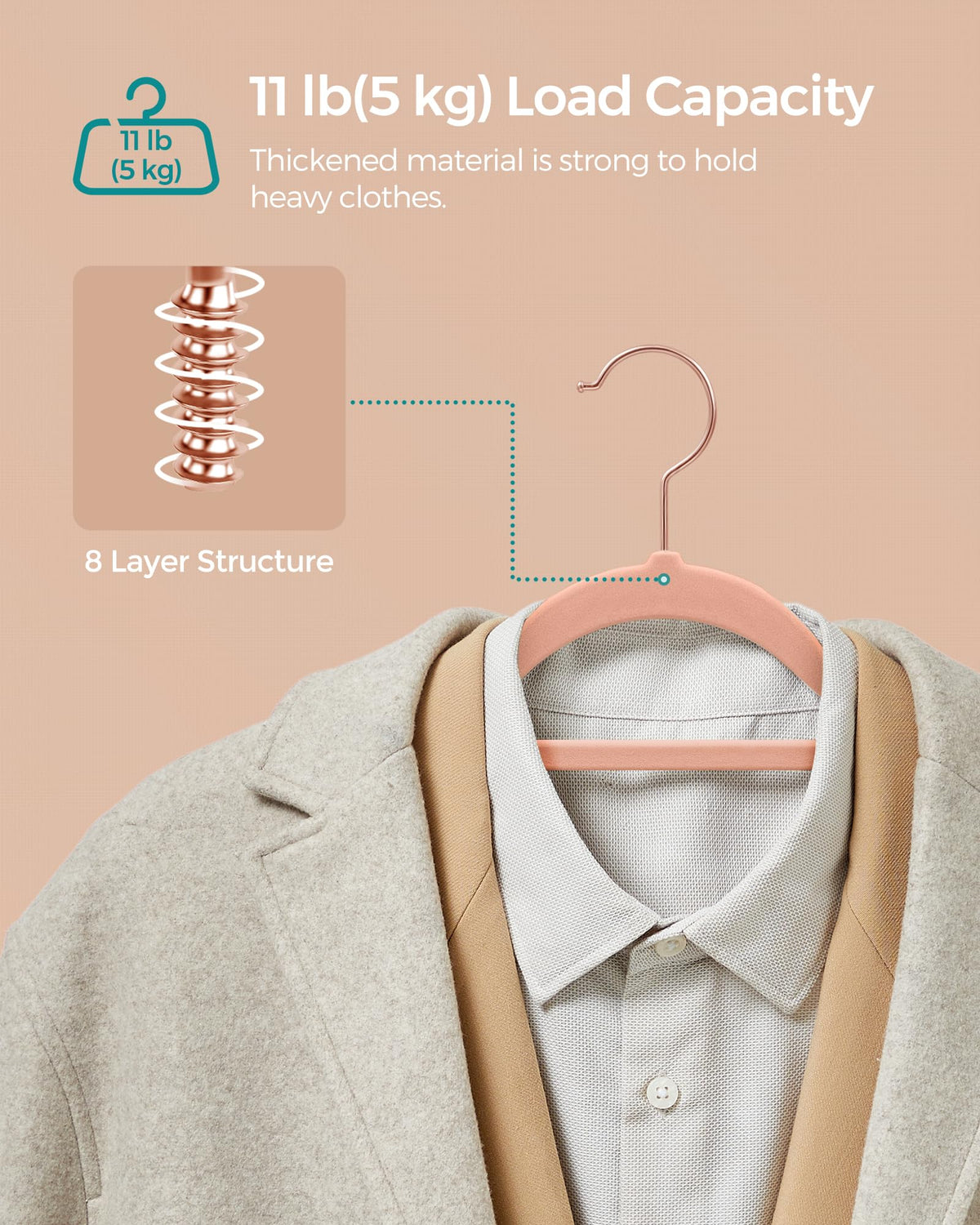SONGMICS velvet hangers feature a 360-degree swivel hook for easy outfit access.