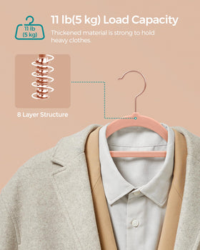SONGMICS velvet hangers feature a 360-degree swivel hook for easy outfit access.
