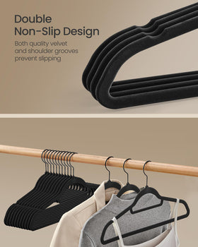 Songmics velvet hangers featuring 360° swivel hook for easy access.