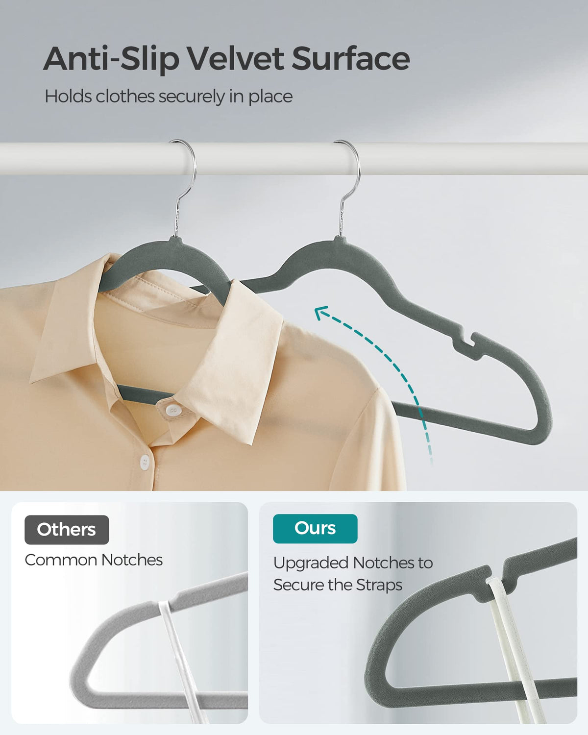 Songmics velvet hangers 50-pack with shoulder notches to hold camisoles securely.