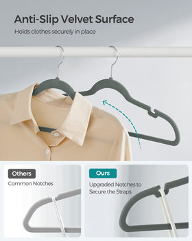 Songmics velvet hangers 50-pack with shoulder notches to hold camisoles securely.