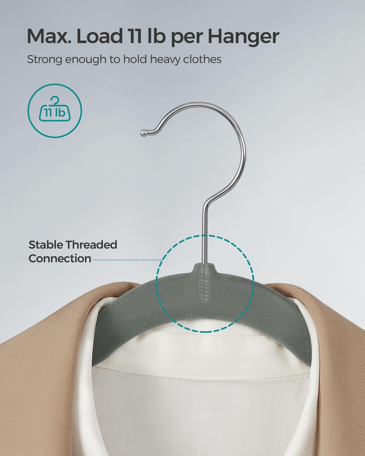 Songmics velvet hangers 50-pack close up on slim 0.6 cm profile.