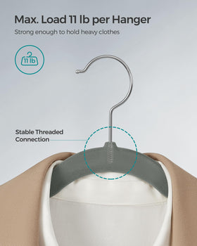Songmics velvet hangers 50-pack close up on slim 0.6 cm profile.
