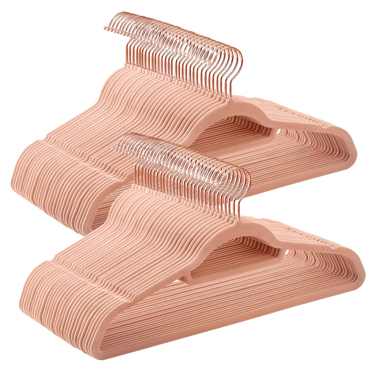 SONGMICS velvet hangers with rose gold swivel hook showcase a full set for organized wardrobe.
